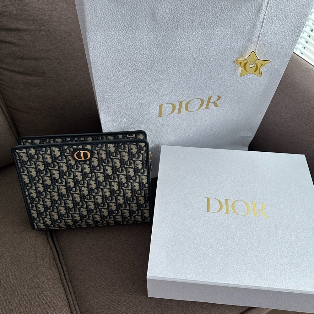 Dior Black and Gold Clutch with Monogram Pattern